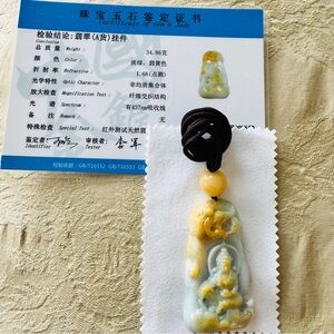 Burma Jade Grade A Female Sitting Buddha Guanyin with Burma Yellow Bead Pendant